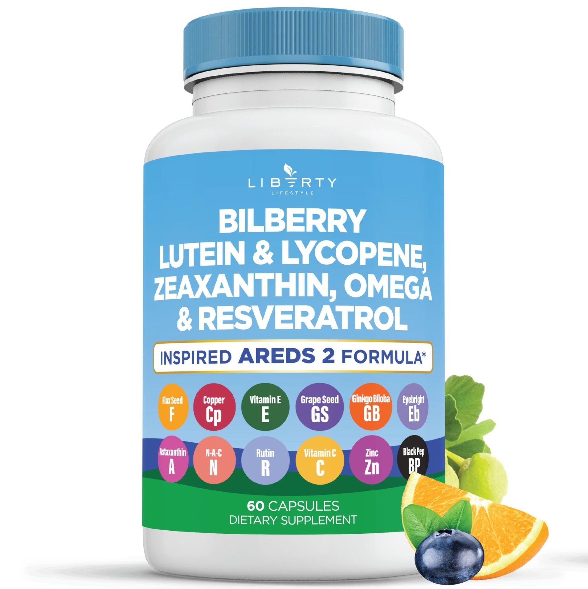 Liberty Lifestyle Eye Health Vitamins with Bilberry, Lutein & Zeaxanthin, Lycopene, Resveratrol, Grape Seed Extract Flaxseed Astaxanthin- AREDS 2-180 Capsules - PrimeBioHealth - canada supplements