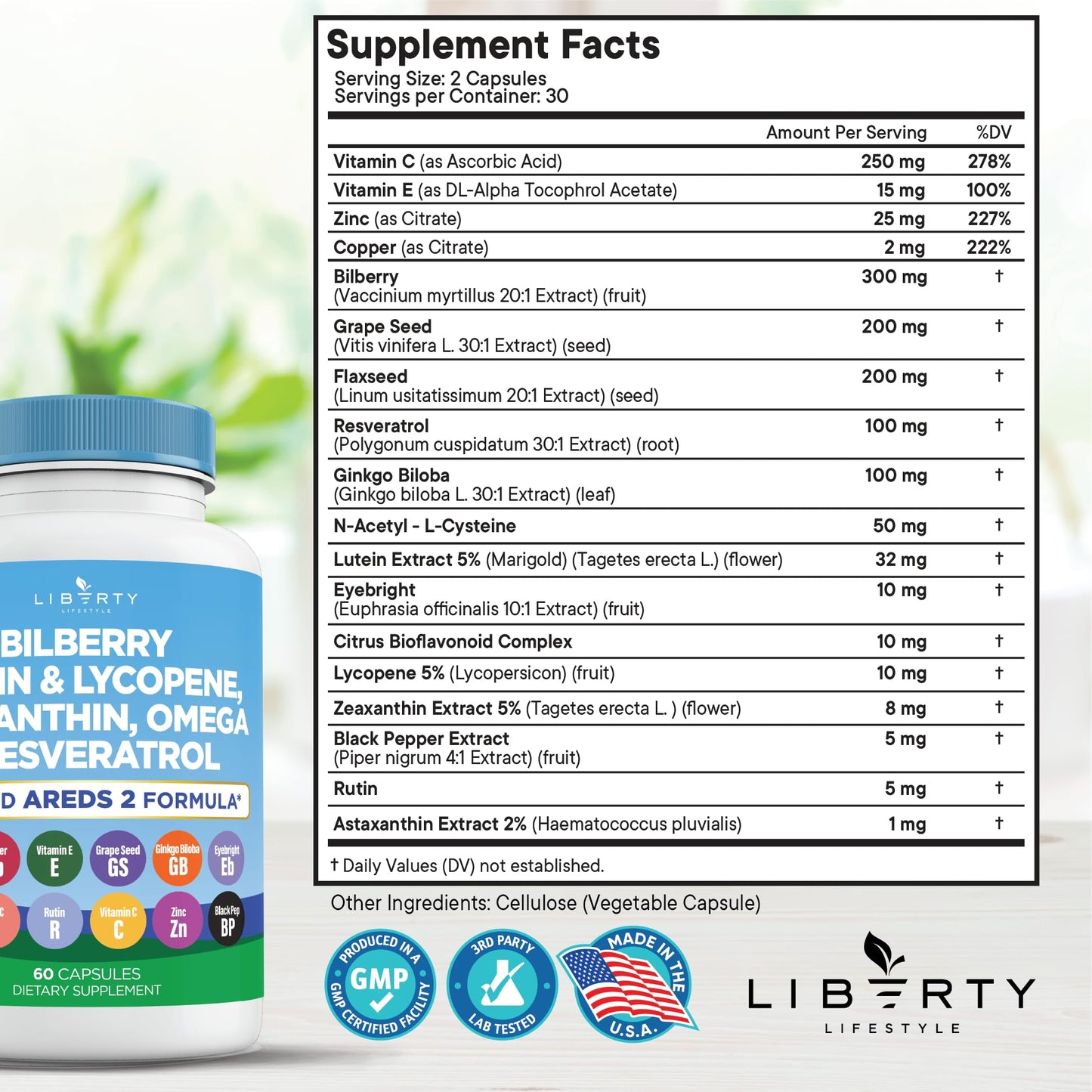 Liberty Lifestyle Eye Health Vitamins with Bilberry, Lutein & Zeaxanthin, Lycopene, Resveratrol, Grape Seed Extract Flaxseed Astaxanthin- AREDS 2-180 Capsules - PrimeBioHealth - canada supplements