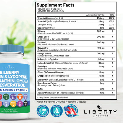 Liberty Lifestyle Eye Health Vitamins with Bilberry, Lutein & Zeaxanthin, Lycopene, Resveratrol, Grape Seed Extract Flaxseed Astaxanthin- AREDS 2-180 Capsules - PrimeBioHealth - canada supplements