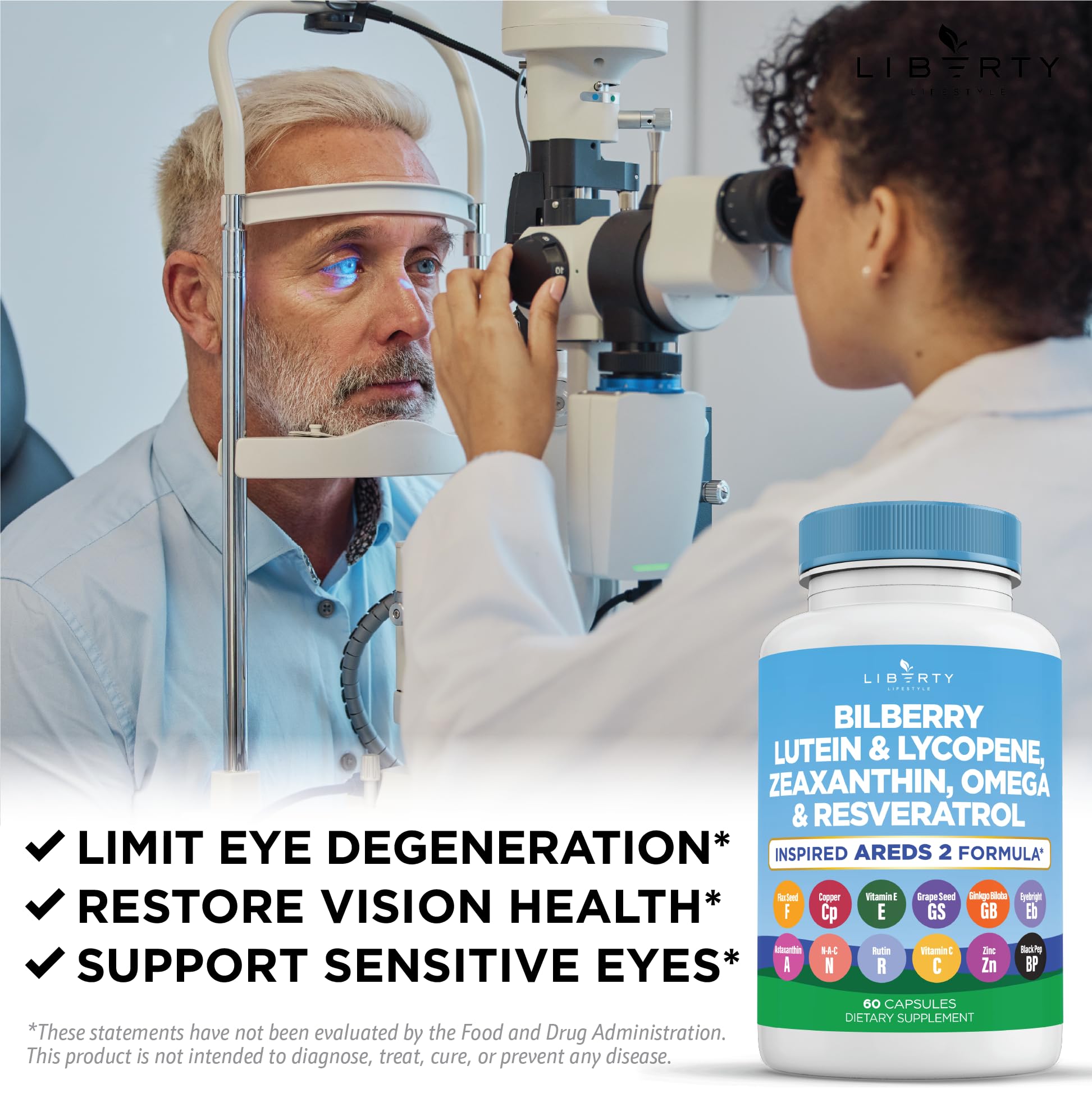 Liberty Lifestyle Eye Health Vitamins with Bilberry, Lutein & Zeaxanthin, Lycopene, Resveratrol, Grape Seed Extract Flaxseed Astaxanthin- AREDS 2-180 Capsules - PrimeBioHealth - canada supplements