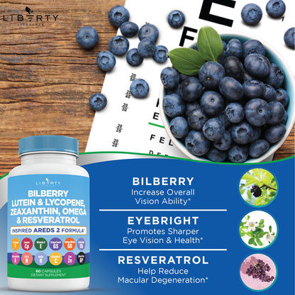 Liberty Lifestyle Eye Health Vitamins with Bilberry, Lutein & Zeaxanthin, Lycopene, Resveratrol, Grape Seed Extract Flaxseed Astaxanthin- AREDS 2-180 Capsules - PrimeBioHealth - canada supplements