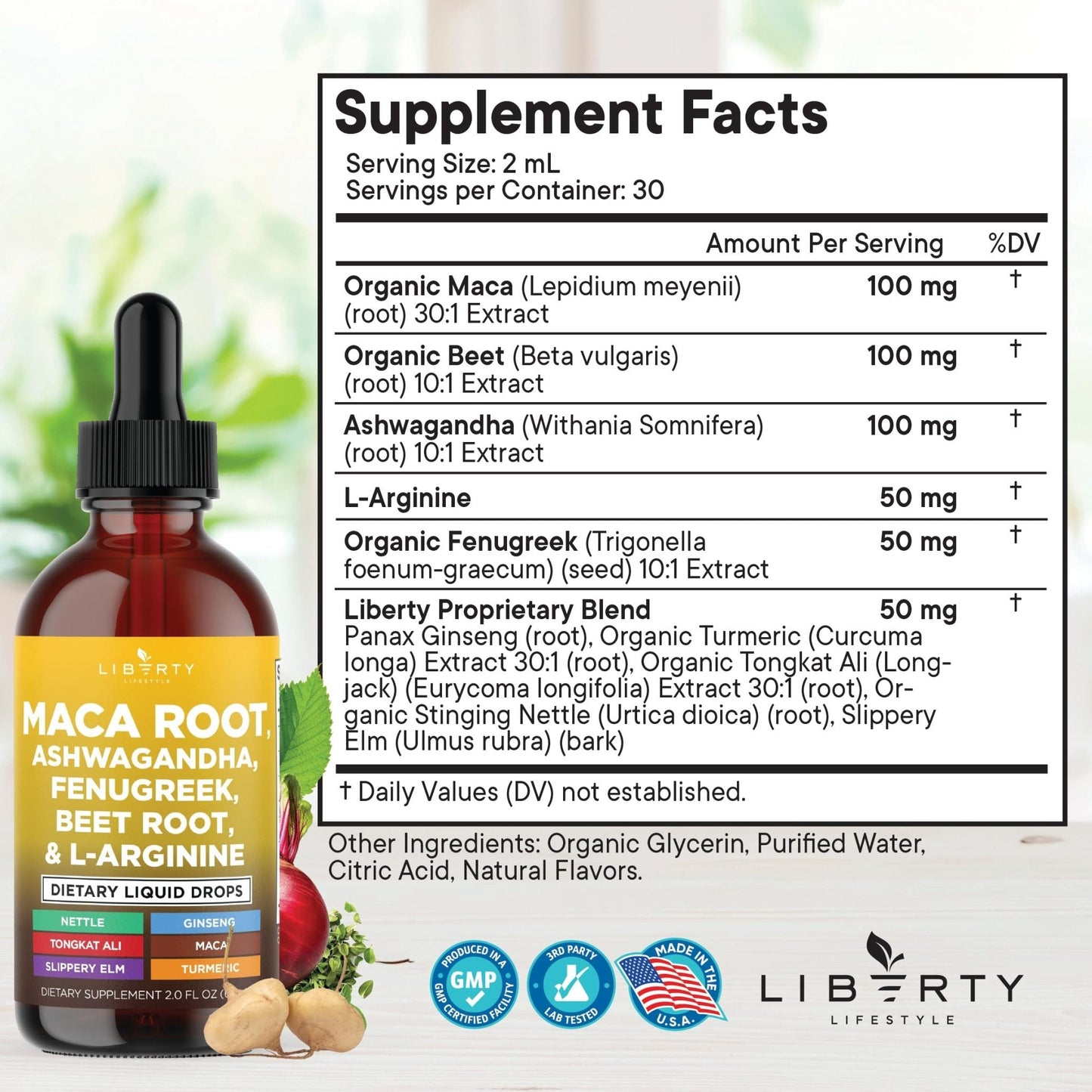 Liberty Lifestyle Organic Maca Root Liquid Drops with Ashwagandha, Nettle, Fenugreek, Beet Root and L-Arginine Liquid Multivitamin for Women and Men - 2oz - PrimeBioHealth - canada supplements