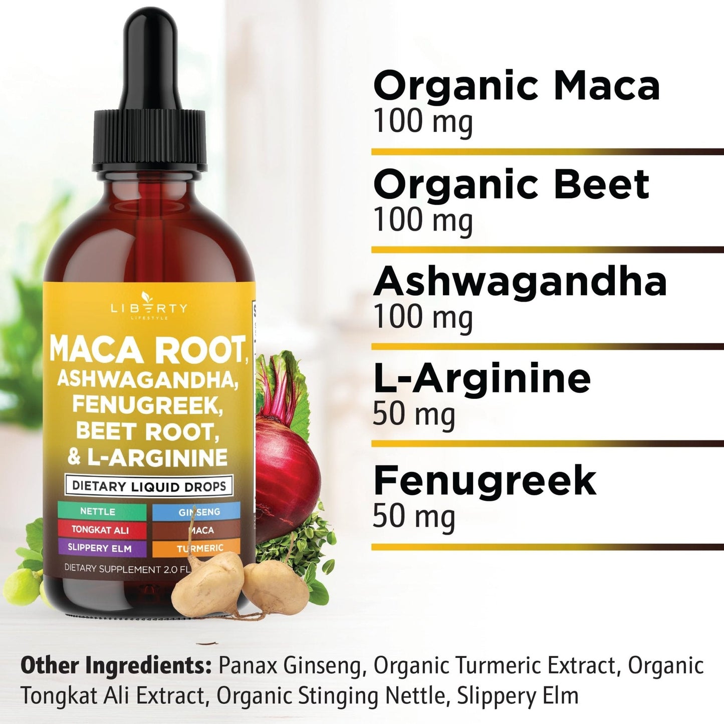 Liberty Lifestyle Organic Maca Root Liquid Drops with Ashwagandha, Nettle, Fenugreek, Beet Root and L-Arginine Liquid Multivitamin for Women and Men - 2oz - PrimeBioHealth - canada supplements