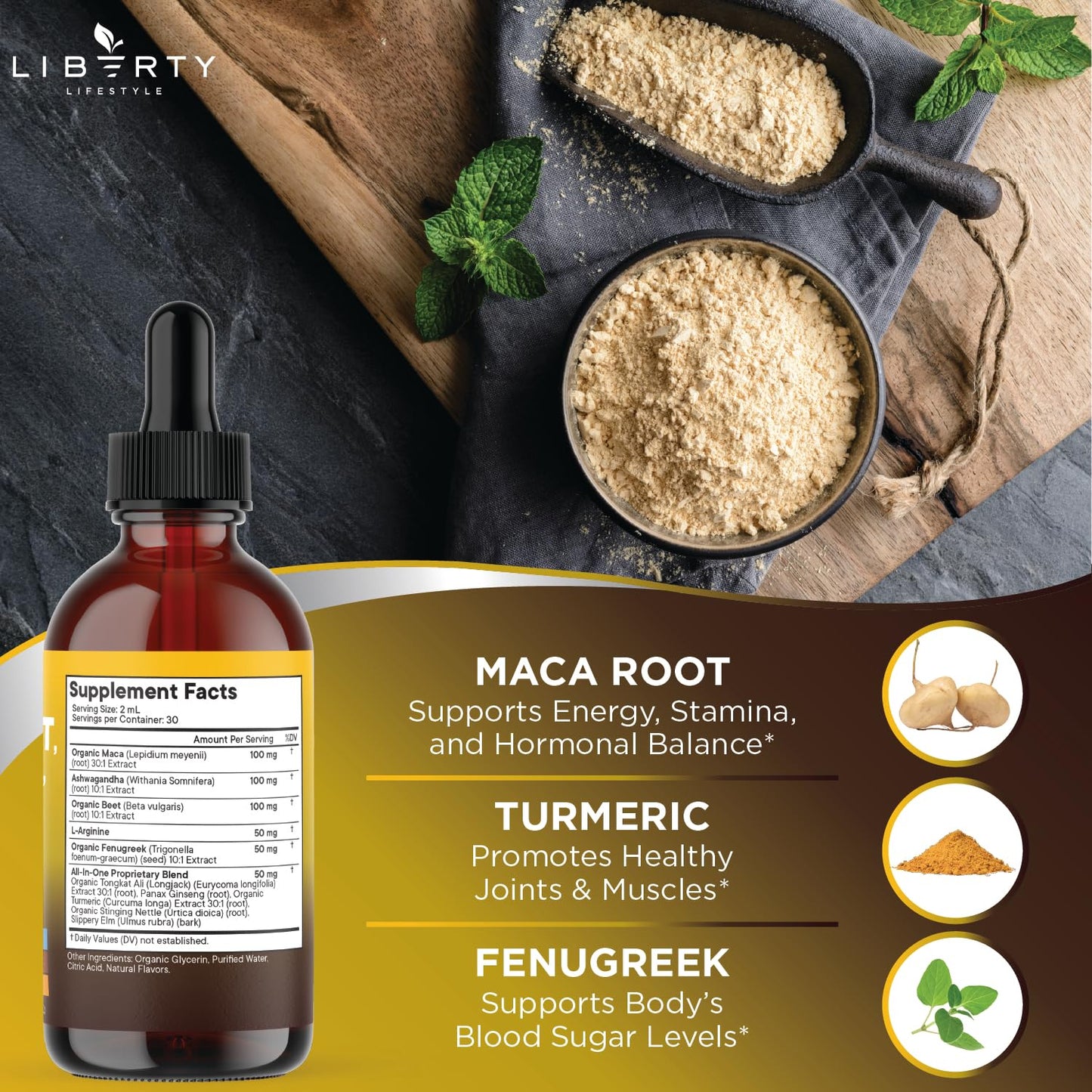 Liberty Lifestyle Organic Maca Root Liquid Drops with Ashwagandha, Nettle, Fenugreek, Beet Root and L-Arginine Liquid Multivitamin for Women and Men - 2oz - PrimeBioHealth - canada supplements