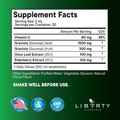Liberty Lifestyle Soursop Liquid with Soursop Fruit and Leaves, Elderberry, Vitamin C and Olive Leaf - Multimineral & Vitamins Superfood - 4 oz - PrimeBioHealth - canada supplements