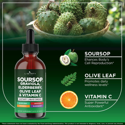 Liberty Lifestyle Soursop Liquid with Soursop Fruit and Leaves, Elderberry, Vitamin C and Olive Leaf - Multimineral & Vitamins Superfood - 4 oz - PrimeBioHealth - canada supplements