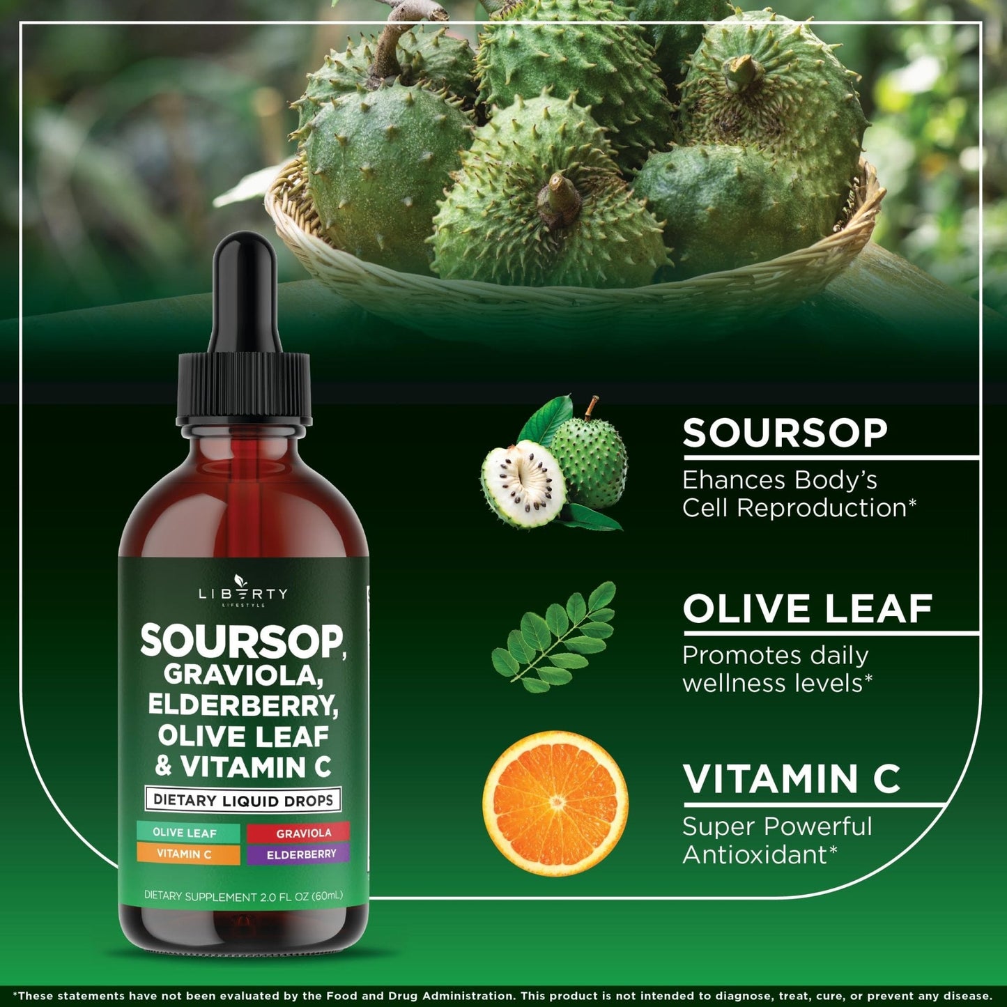 Liberty Lifestyle Soursop Liquid with Soursop Fruit and Leaves, Elderberry, Vitamin C and Olive Leaf - Multimineral & Vitamins Superfood - 4 oz - PrimeBioHealth - canada supplements