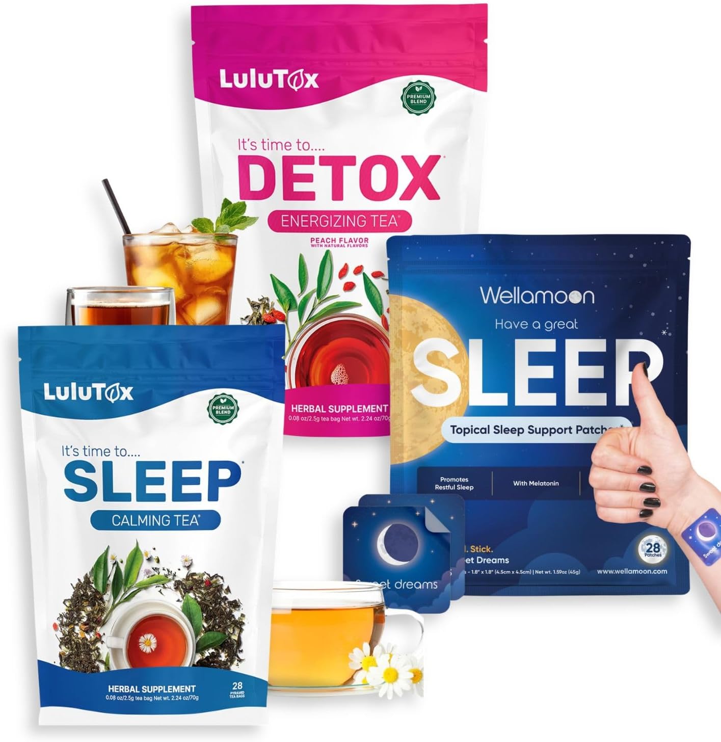 LULUTOX Herbal Tea & Sleep Support Bundle – Detox Herbal Tea (28 Servings) + Deep Sleep Tea (28 Bags) + Sleep Patches (28 Ct) - PrimeBioHealth - canada supplements