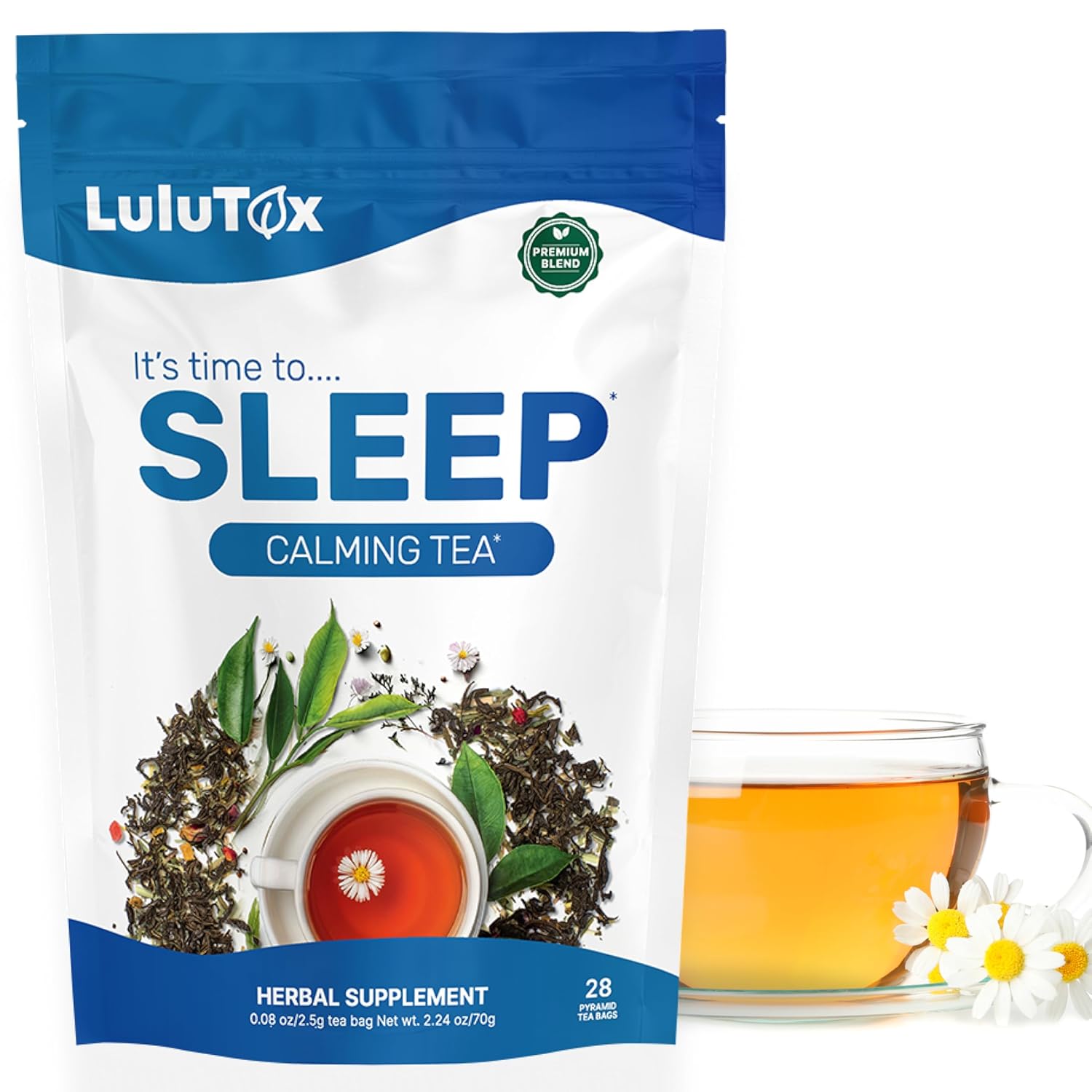 Lulutox Sleep Tea, Cortisol Calming Tea with Chamomile, Lavender, Valerian Root & Saffron, Stress Relief & Anxiety Bedtime Tea for Deep Sleep & Hormone Balance, 28 Caffeine Free Pyramid Tea Bags - PrimeBioHealth - canada supplements