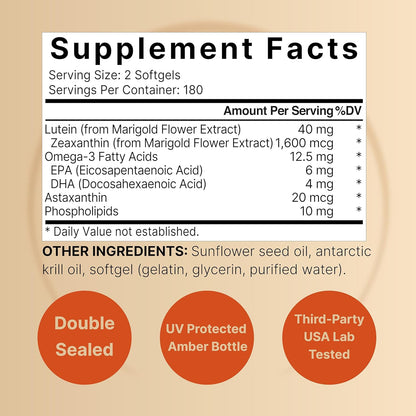 Lutein 40mg + Zeaxanthin 1,600mcg, 360 Softgels | 4-in-1 Formula with Astaxanthin, Omega-3 & Phospholipids | Marigold Flower Extract | Supports Eye, Brain & Vision Health | Non-GMO, Gluten Free - PrimeBioHealth - canada supplements