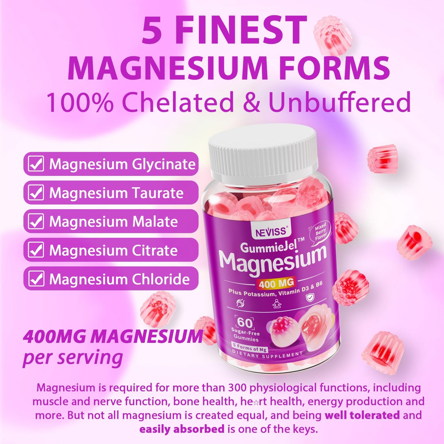 Magnesium Glycinate Gummies for Adults – 400mg Magnesium Complex w/5 Forms of Magnesium (Citrate Malate Taurate Chloride), Ashwagandha, D3 & Zinc – Sugar Free Calm Mood & Muscle Support, Vegan, 60Cts - PrimeBioHealth - canada supplements