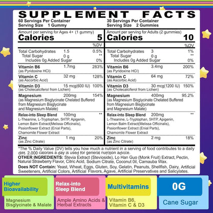 Magnesium Glycinate Gummies for Adults & Kids 4+, Sugar Free Magnesium Bisglycinate Supplement 400/200mg with B6D3, L-Theanine for Sleep & Relaxation, Brain, Muscle, Melatonin Free Gummies,1Pack - PrimeBioHealth - canada supplements