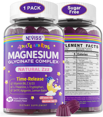 Magnesium Glycinate Gummies for Adults & Kids 4+, Sugar Free Magnesium Bisglycinate Supplement 400/200mg with B6D3, L-Theanine for Sleep & Relaxation, Brain, Muscle, Melatonin Free Gummies,1Pack - PrimeBioHealth - canada supplements