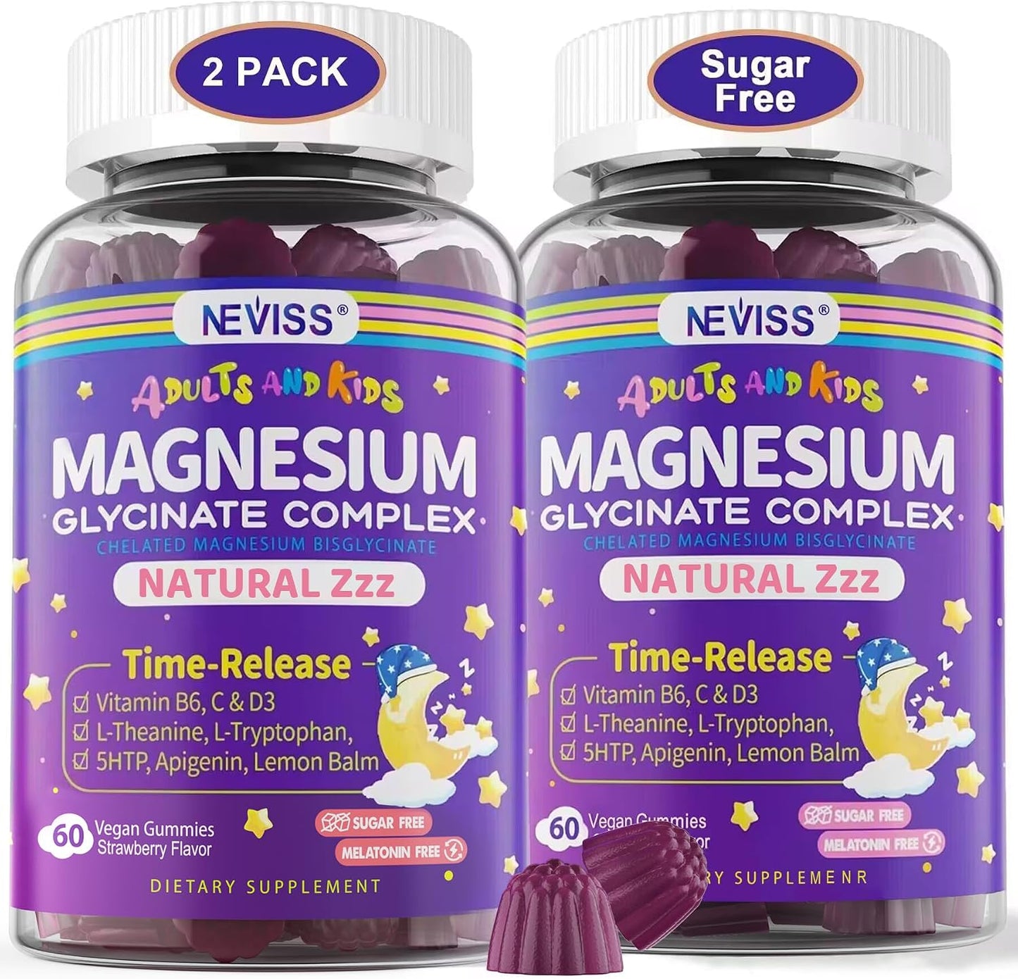Magnesium Glycinate Gummies for Adults & Kids 4+, Sugar Free Magnesium Bisglycinate Supplement 400/200mg with B6D3, L-Theanine for Sleep & Relaxation, Brain, Muscle, Melatonin Free Gummies,2Pack - PrimeBioHealth - canada supplements