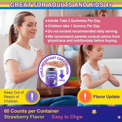 Magnesium Glycinate Gummies for Adults & Kids 4+, Sugar Free Magnesium Bisglycinate Supplement 400/200mg with B6D3, L-Theanine for Sleep & Relaxation, Brain, Muscle, Melatonin Free Gummies,1Pack - PrimeBioHealth - canada supplements