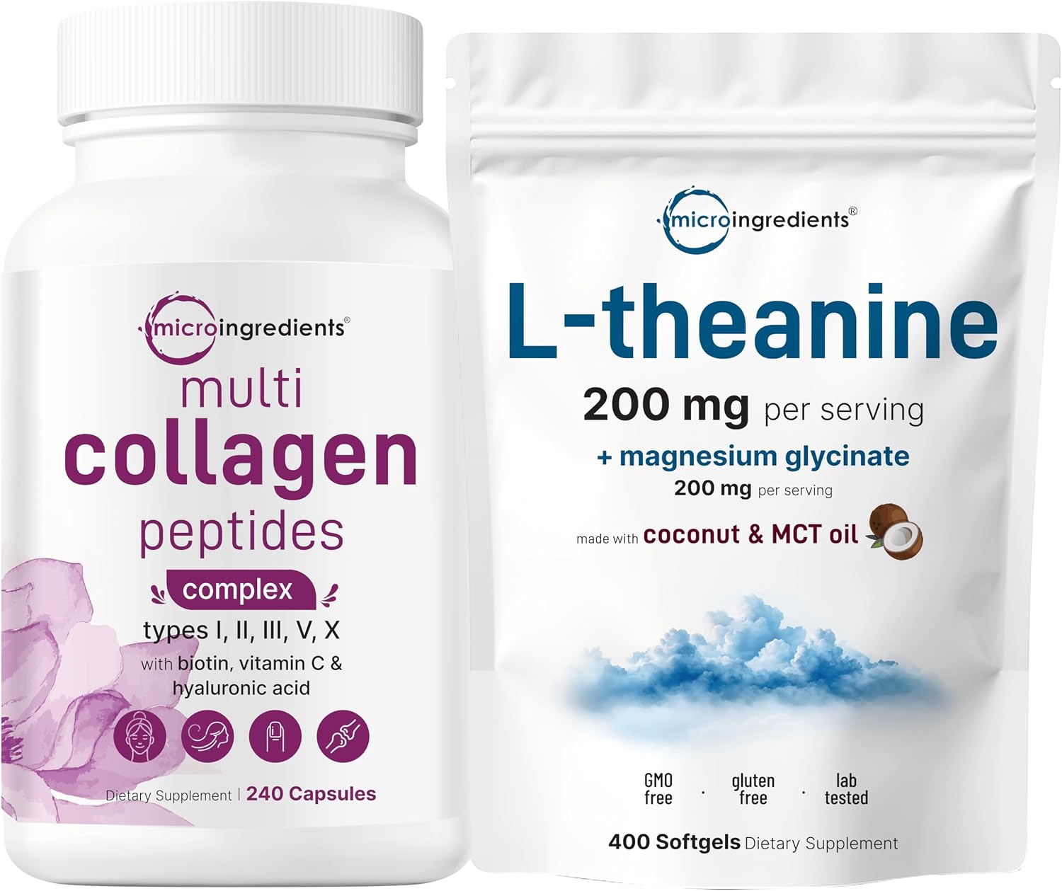 Micro Ingredients 8-in-1 Multi Collagen Capsules & L-Theanine 200mg with Magnesium Glycinate Softgels | Grass-Fed Collagen Peptides | Amino Acid & Mineral Complex Bundle 2 Pack - PrimeBioHealth - canada supplements