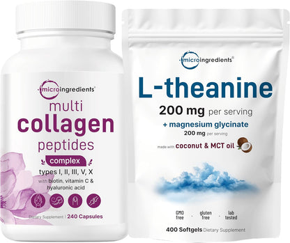 Micro Ingredients 8-in-1 Multi Collagen Capsules & L-Theanine 200mg with Magnesium Glycinate Softgels | Grass-Fed Collagen Peptides | Amino Acid & Mineral Complex Bundle 2 Pack - PrimeBioHealth - canada supplements