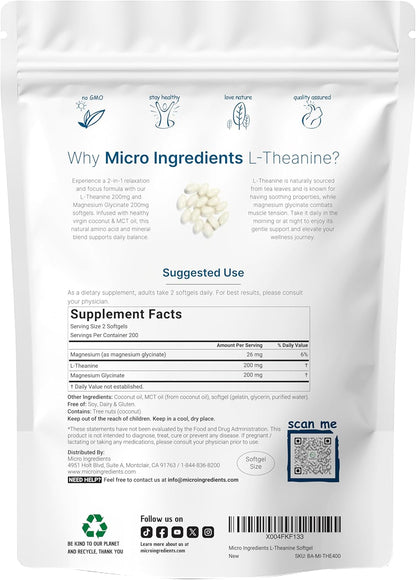 Micro Ingredients 8-in-1 Multi Collagen Capsules & L-Theanine 200mg with Magnesium Glycinate Softgels | Grass-Fed Collagen Peptides | Amino Acid & Mineral Complex Bundle 2 Pack - PrimeBioHealth - canada supplements