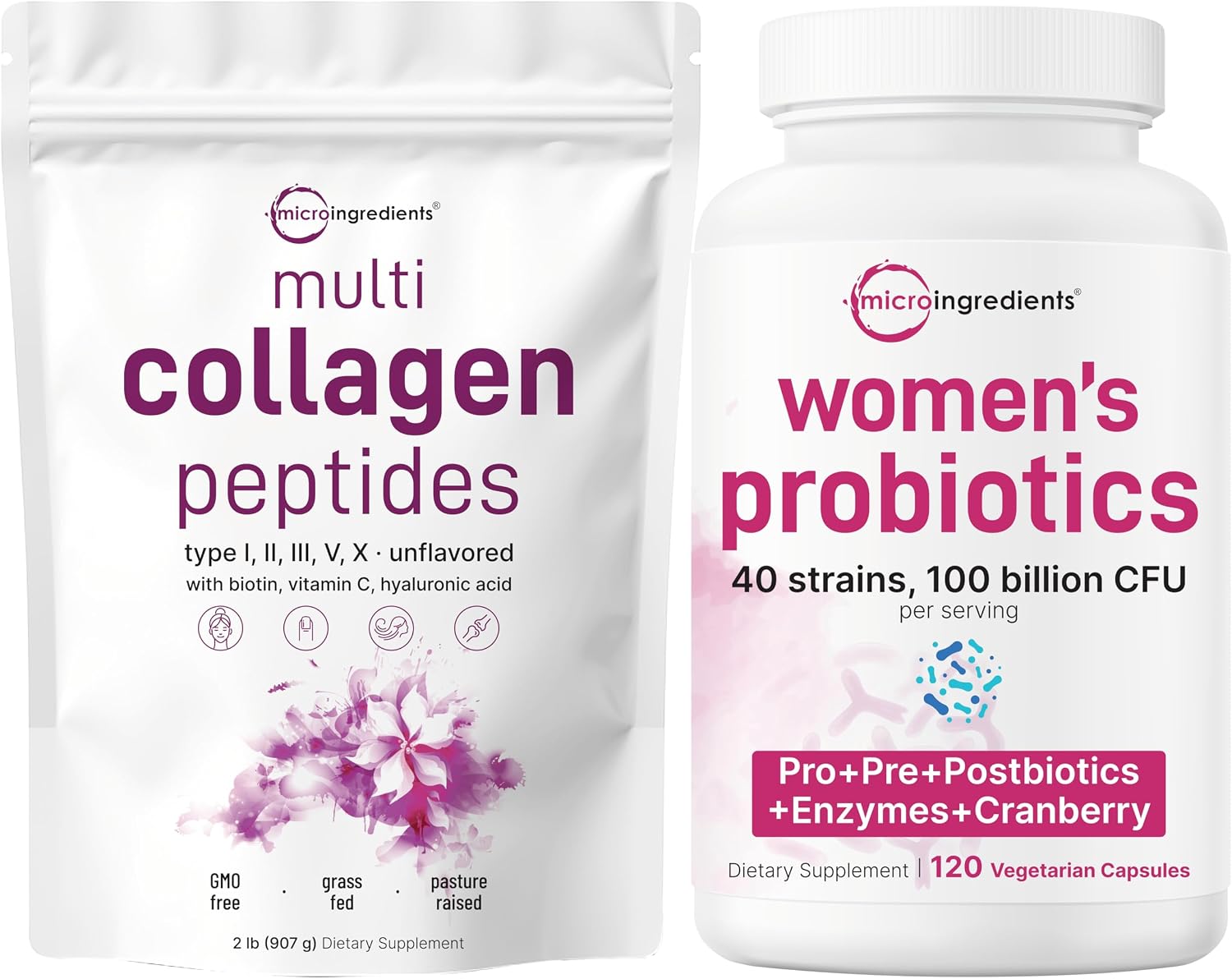 Micro Ingredients 8-in-1 Multi Collagen Powder & Women’s Probiotics 100 Billion CFU Veggie Capsules | 2 Pack | Hydrolyzed Peptides + Hyaluronic Acid & Vitamin C | 40 Strains + Cranberry & D-Mannose - PrimeBioHealth - canada supplements