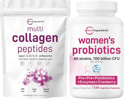 Micro Ingredients 8-in-1 Multi Collagen Powder & Women’s Probiotics 100 Billion CFU Veggie Capsules | 2 Pack | Hydrolyzed Peptides + Hyaluronic Acid & Vitamin C | 40 Strains + Cranberry & D-Mannose - PrimeBioHealth - canada supplements