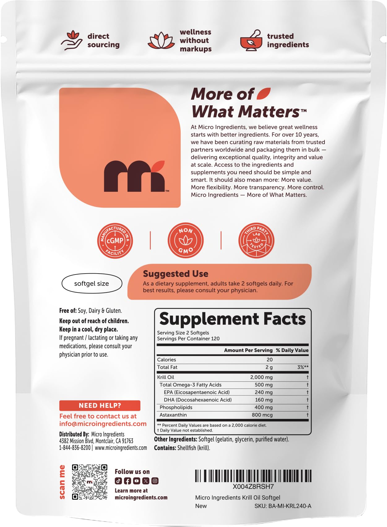 Micro Ingredients Antarctic Krill Oil Supplement 2,000mg Per Serving, 240 Softgels | Omega-3 EPA & DHA with Phospholipids & Natural Astaxanthin | No Fishy Aftertaste | Non-GMO, Gluten Free - PrimeBioHealth - canada supplements