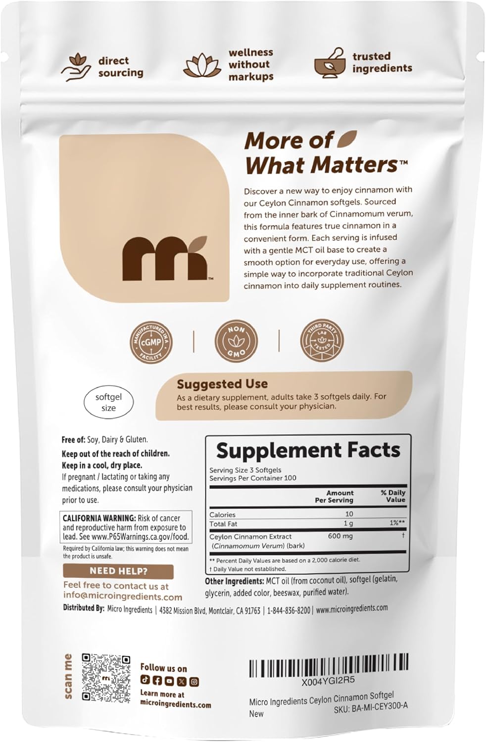 Micro Ingredients Ceylon Cinnamon, 300 Softgels | Cinnamon Supplements with MCT Oil | Non-GMO, Gluten Free - PrimeBioHealth - canada supplements