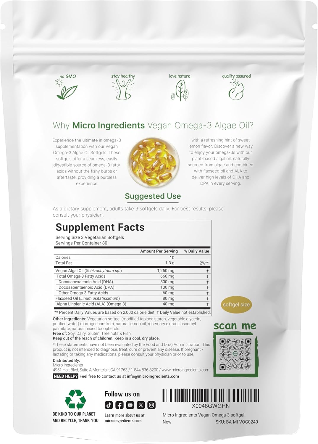 Micro Ingredients Multi Collagen Complex & Vegan Omega 3 Algae Oil Supplement Bundle 2 Pack | Grass-Fed Collagen Peptides | Omega-3 Full Spectrum Alternative to Fish Oil - PrimeBioHealth - canada supplements