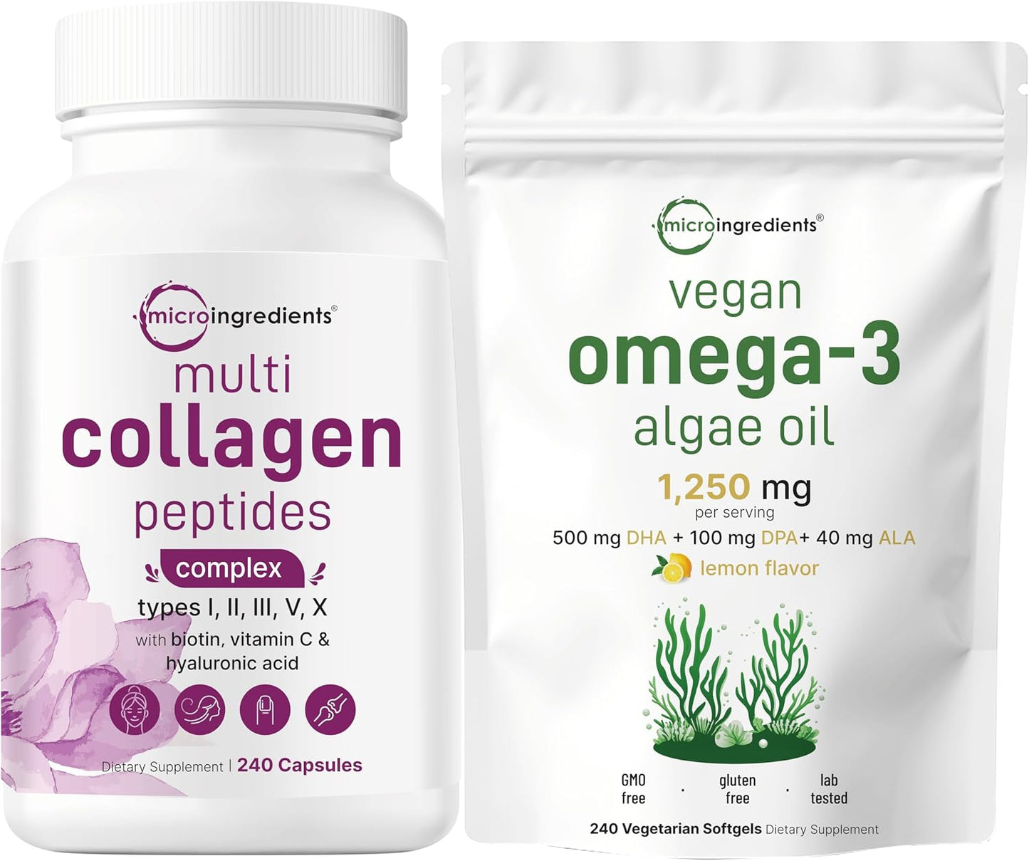 Micro Ingredients Multi Collagen Complex & Vegan Omega 3 Algae Oil Supplement Bundle 2 Pack | Grass-Fed Collagen Peptides | Omega-3 Full Spectrum Alternative to Fish Oil - PrimeBioHealth - canada supplements