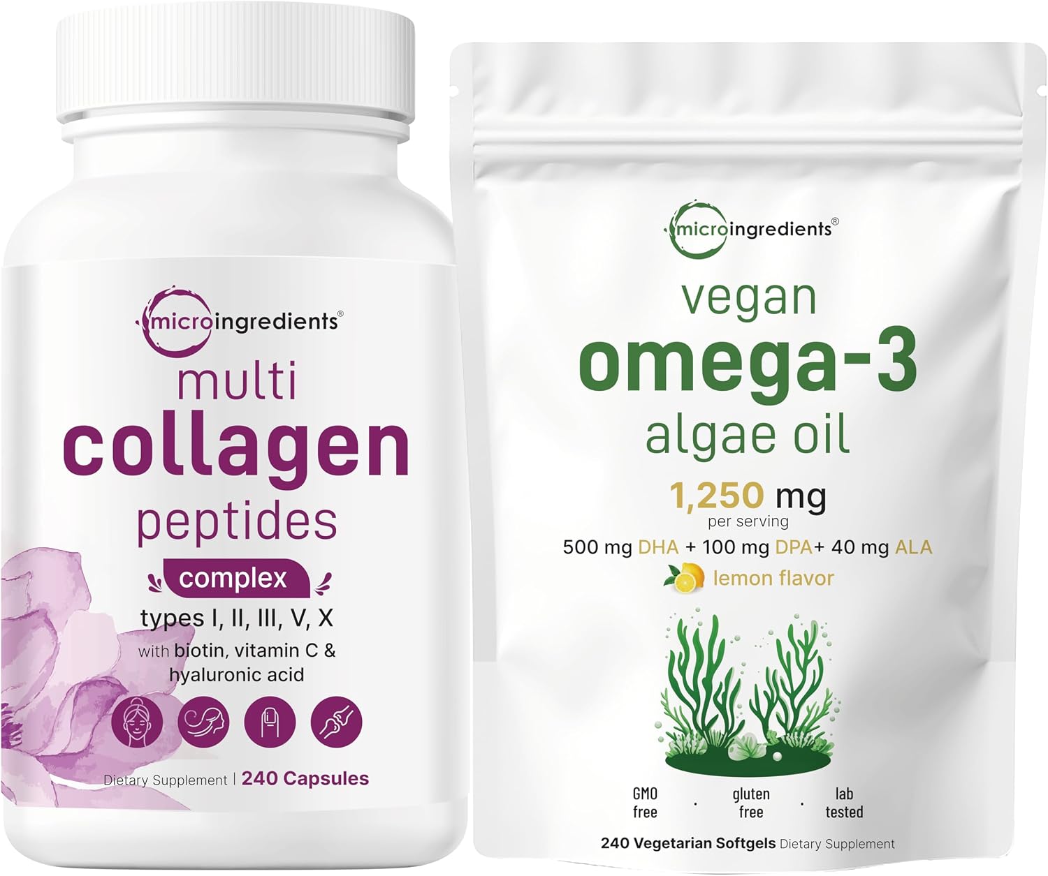 Micro Ingredients Multi Collagen Complex & Vegan Omega 3 Algae Oil Supplement Bundle 2 Pack | Grass-Fed Collagen Peptides | Omega-3 Full Spectrum Alternative to Fish Oil - PrimeBioHealth - canada supplements