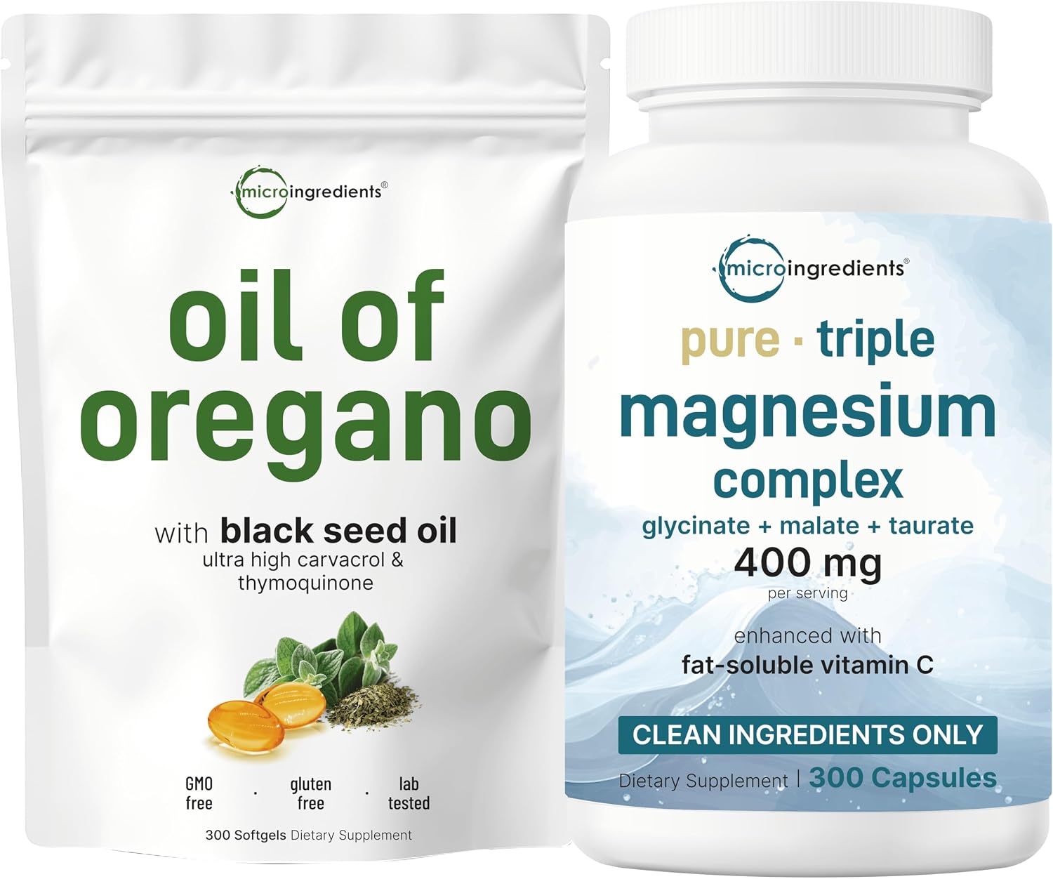Micro Ingredients Oil of Oregano Softgels & Pure Triple Magnesium Complex 400mg Capsules | 2 Pack Bundle | 4X Strength Thymoquinone with Black Seed | Glycinate, Malate, & Taurate Forms - PrimeBioHealth - canada supplements
