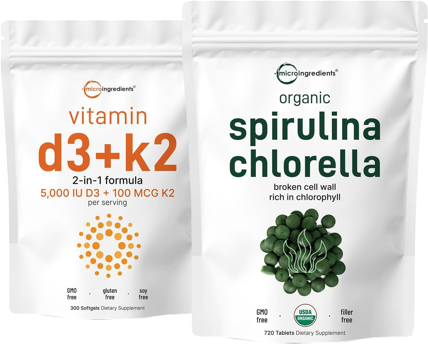 Micro Ingredients Organic Chlorella Spirulina 3000mg Tablets & Vitamin D3 5000iu + K2 100mcg Bundle 2 Pack | Cracked Cell Wall, Rich in Vegan Protein & Chlorophyll | Essential Sunshine Vitamins - PrimeBioHealth - canada supplements