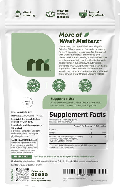 Micro Ingredients Organic Spirulina Supplement, 720 Tablets (4 Month Supply), No Filler & Non-GMO, Rich in Vegan Protein, Vitamins & Prebiotics, Premium Spirulina Pills - PrimeBioHealth - canada supplements