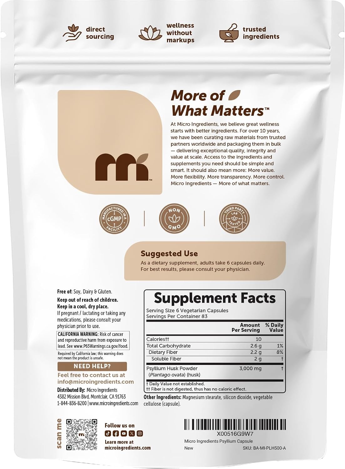 Micro Ingredients Psyllium Husk Capsules 3000mg Per Serving, 500 Veg Caps | Soluble Prebiotic Fiber Supplement for Women & Men | Daily Psyllium Husk Fiber Pills | 83 Servings | Non-GMO, Gluten Free - PrimeBioHealth - canada supplements