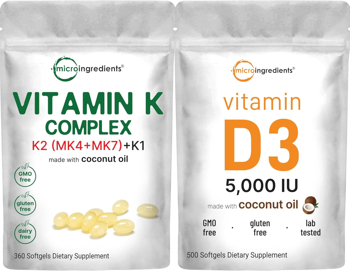 Micro Ingredients Super Vitamin K Complex (K2 MK7 + MK4 & K1) & Vitamin D3 5,000 IU Bundle Pack | Easily Absorbed K Vitamins, Active Menaquinone Complex | Vitamin D as Cholecalciferol - PrimeBioHealth - canada supplements
