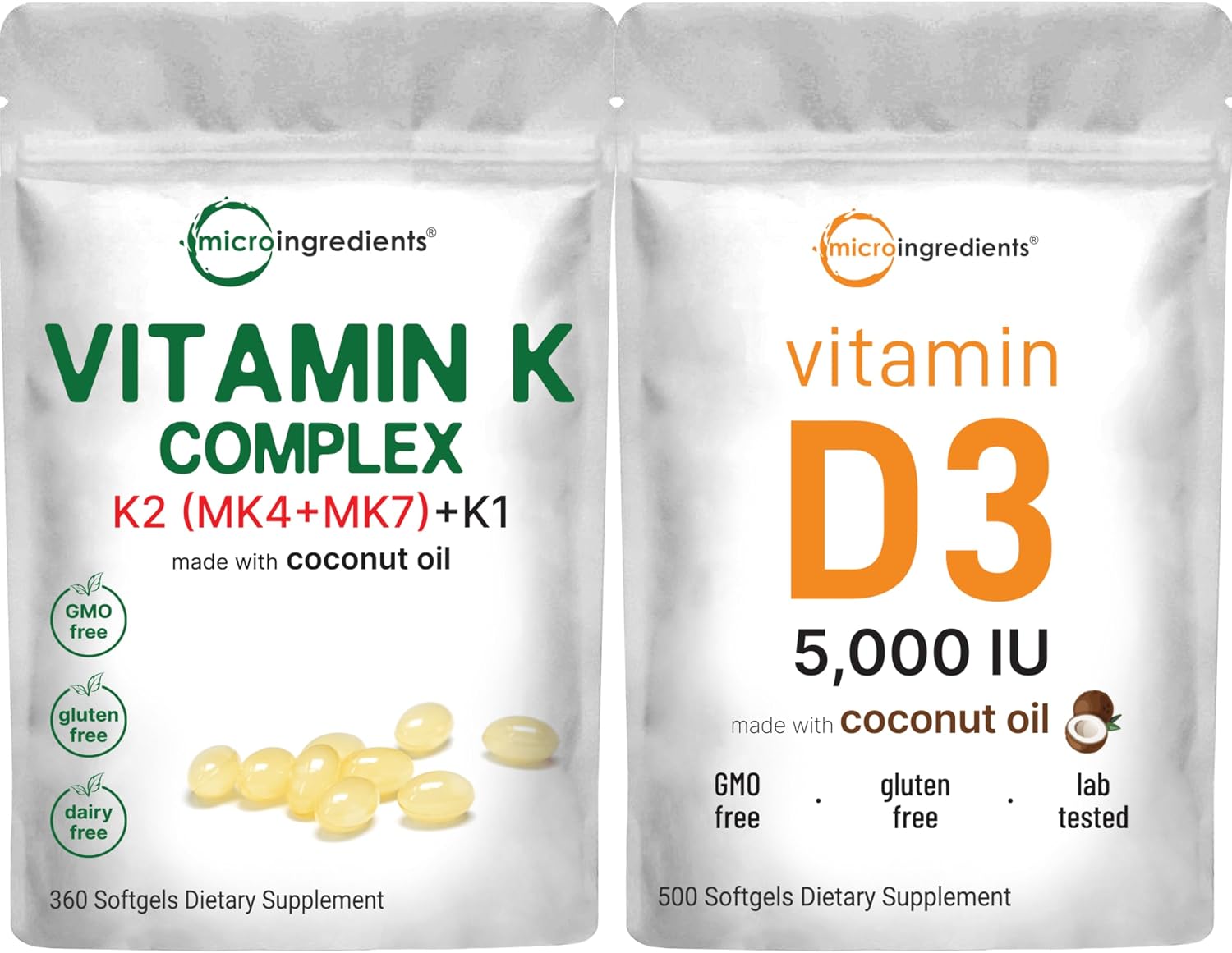 Micro Ingredients Super Vitamin K Complex (K2 MK7 + MK4 & K1) & Vitamin D3 5,000 IU Bundle Pack | Easily Absorbed K Vitamins, Active Menaquinone Complex | Vitamin D as Cholecalciferol - PrimeBioHealth - canada supplements