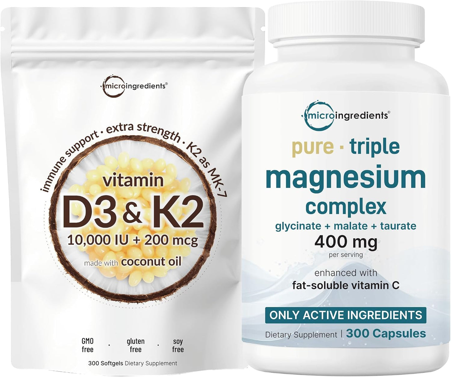 Micro Ingredients Vitamin D3 10,000iu + K2 200mcg Softgels & Pure Triple Magnesium Complex 400mg Capsules | 2 Pack Bundle | Essential D & K Sunshine Vitamins | Glycinate, Malate, & Taurate Forms - PrimeBioHealth - canada supplements