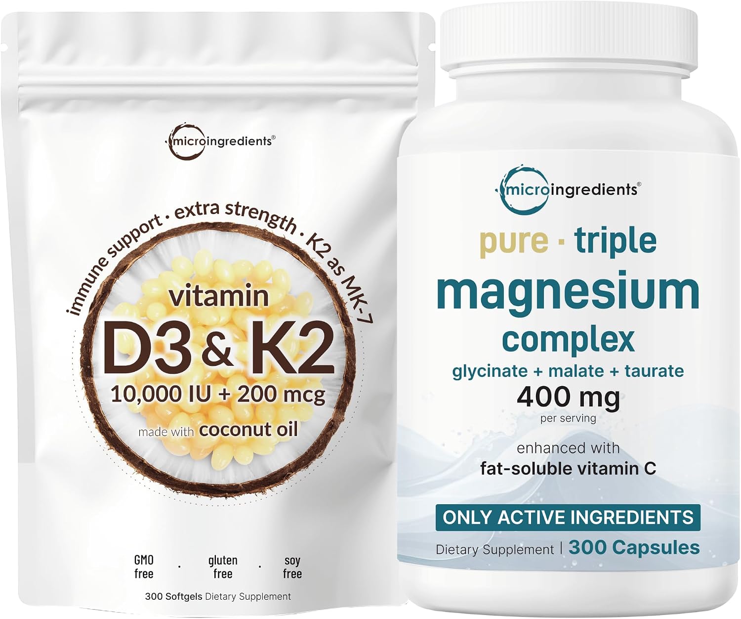 Micro Ingredients Vitamin D3 10,000iu + K2 200mcg Softgels & Pure Triple Magnesium Complex 400mg Capsules | 2 Pack Bundle | Essential D & K Sunshine Vitamins | Glycinate, Malate, & Taurate Forms - PrimeBioHealth - canada supplements