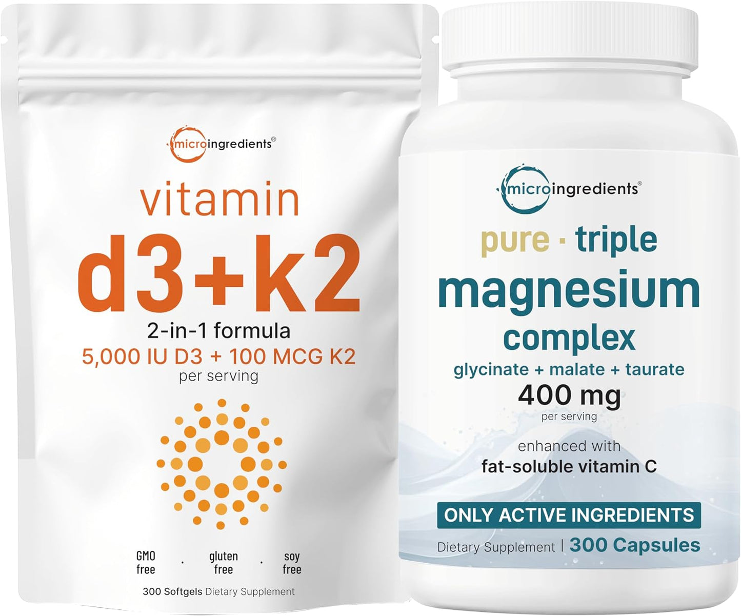 Micro Ingredients Vitamin D3 5,000iu + K2 100mcg Softgels & Pure Triple Magnesium Complex 400mg Capsules | 2 Pack Bundle | Essential D & K Sunshine Vitamins | Glycinate, Malate, & Taurate Forms - PrimeBioHealth - canada supplements