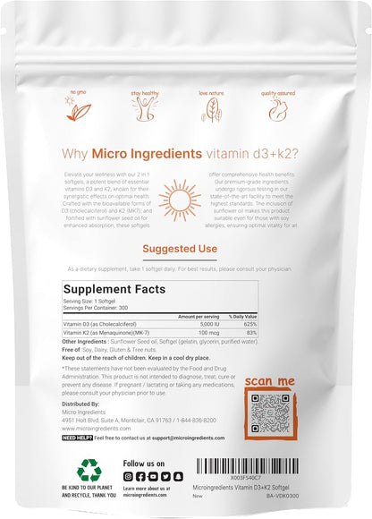 Micro Ingredients Vitamin D3 5,000iu + K2 100mcg Softgels & Pure Triple Magnesium Complex 400mg Capsules | 2 Pack Bundle | Essential D & K Sunshine Vitamins | Glycinate, Malate, & Taurate Forms - PrimeBioHealth - canada supplements