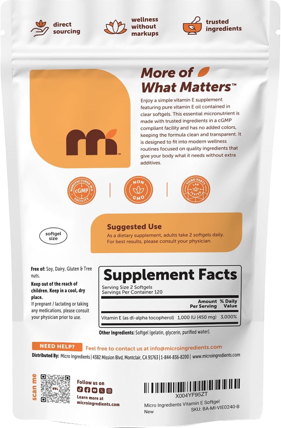 Micro Ingredients Vitamin E 1000 IU (450 mg) Per Serving, 240 Softgels | Daily Vitamin E Supplement | 4-Month Supply | Non-GMO, Gluten Free - PrimeBioHealth - canada supplements