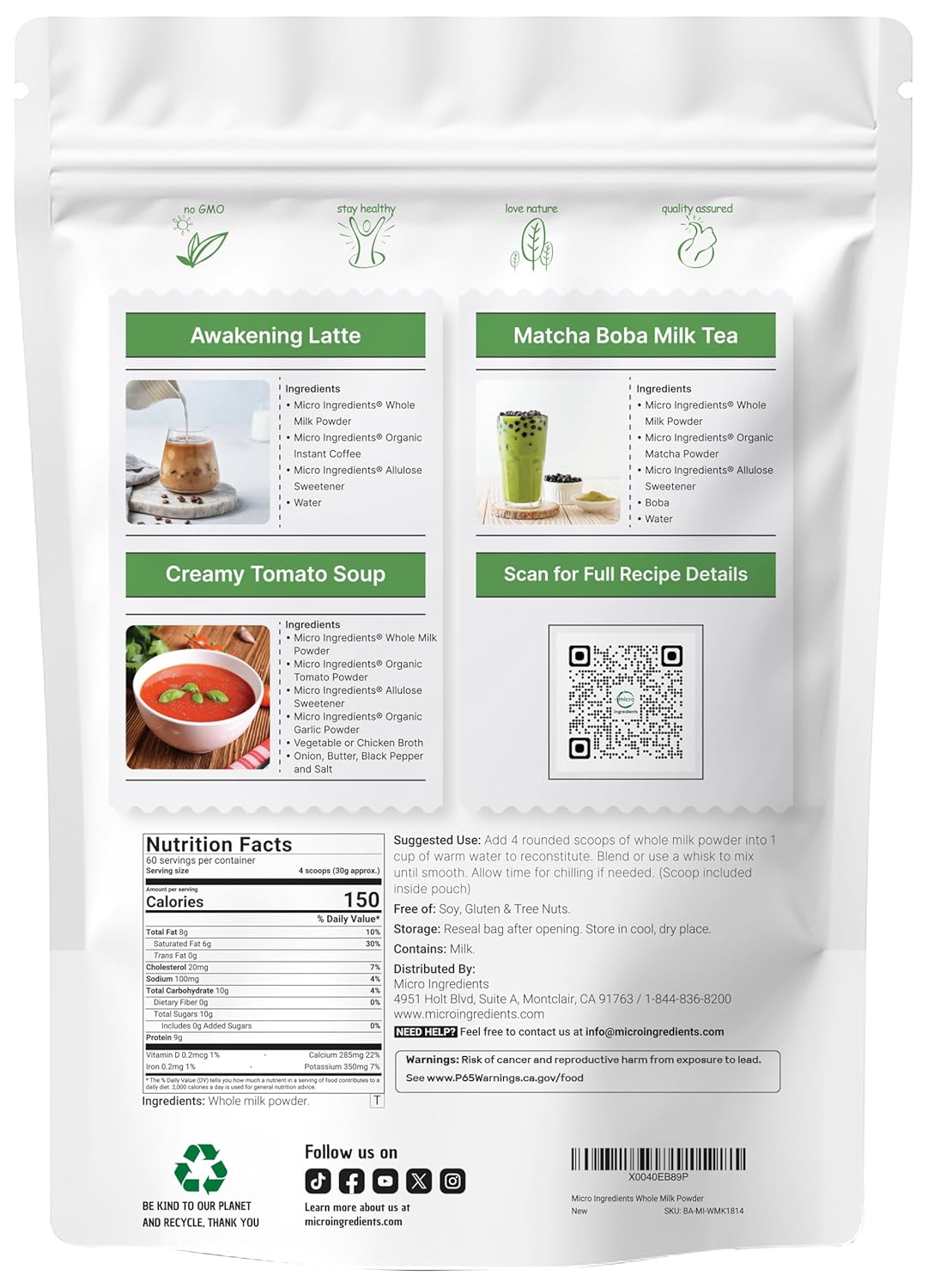 Micro Ingredients Whole Milk Powder, 4 lb | Pasture-Raised, rBST-Free | Pure & Rich in Protein | Ideal for Baking & Everyday Use | Non-GMO, Gluten-Free, Premium Grade - PrimeBioHealth - canada supplements
