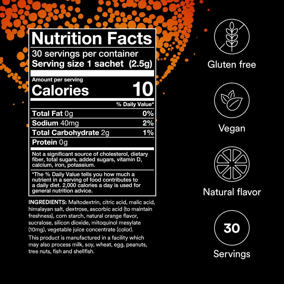 MitoQ Longevity Cellular Water Daily Powdered Drink Mix Natural Orange Flavor - Mitochondria-targeted Antioxidant - Cell Energy and Metabolism for Better Aging (Orange, 30 Packets) - PrimeBioHealth - canada supplements