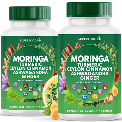 Moringa Supplement | Turmeric, Ginger, Boswellia, Saffron, Holy Basil, Nettle -Support Supplement for Women and Men with Ceylon Cinnamon, Quercetin, Tart Cherry- 240 Capsules - PrimeBioHealth - canada supplements