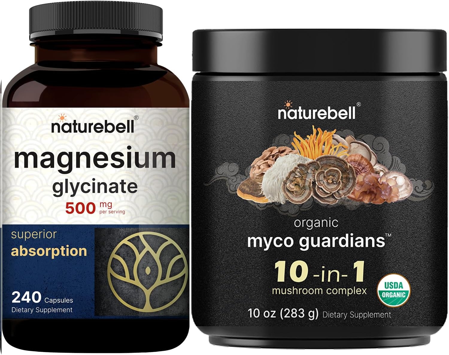 NatureBell Magnesium Glycinate Capsules 500mg & Myco Guardians 10 in 1 Mushroom Powder 10oz Bundle Pack | Chelated & Purified Mineral | Immune Booster & Brain Health Support - PrimeBioHealth - canada supplements