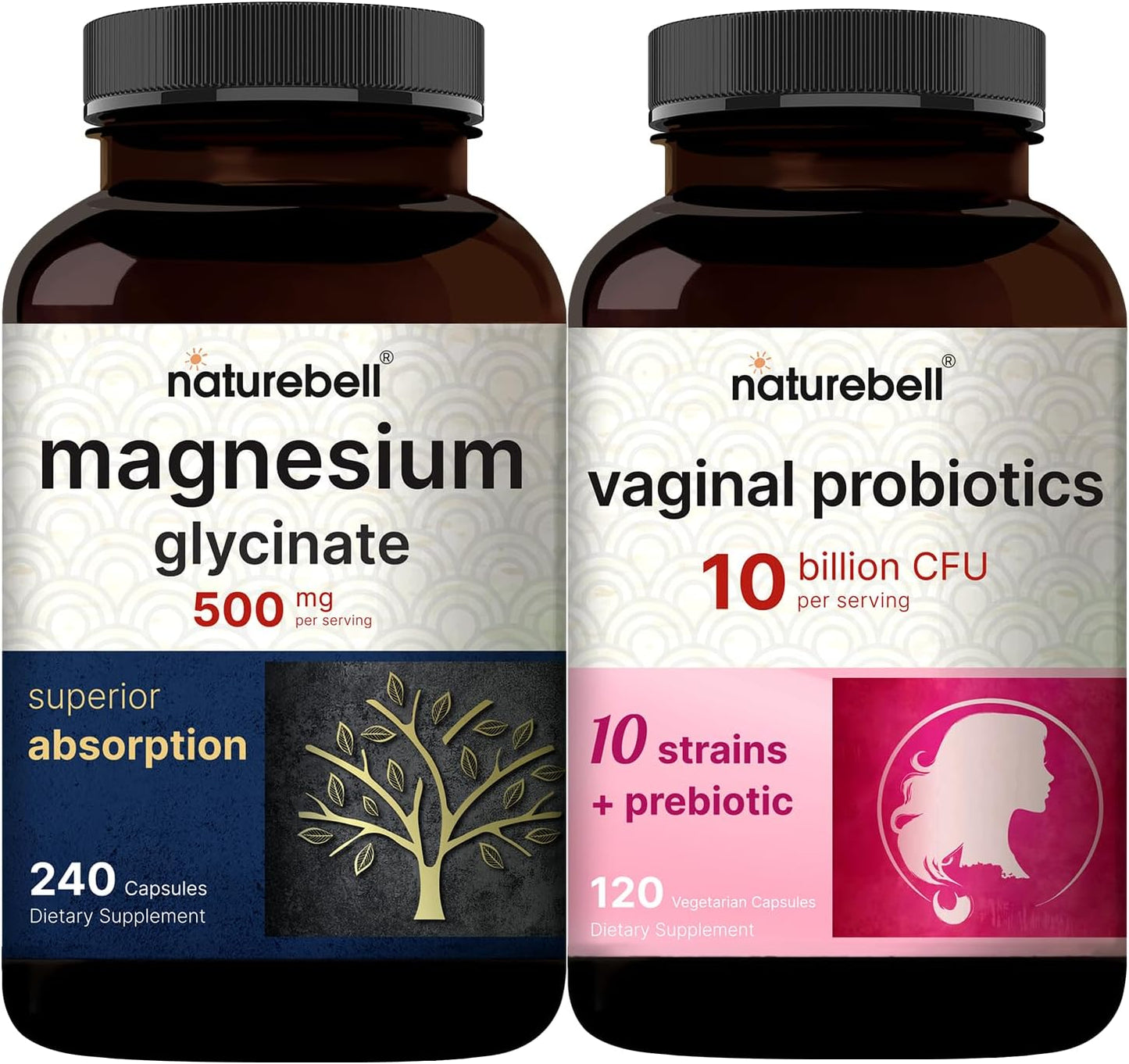 NatureBell Magnesium Glycinate Capsules 500mg & Vaginal Probiotics for Women in Veggie Capsules | Bundle Pack | Chelated & Purified Mineral | 10 Strains & 10 Billion CFU - PrimeBioHealth - canada supplements