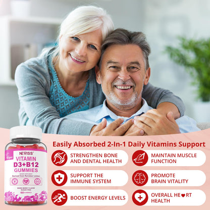 NEVISS 2Pack Vegan Vitamin D3 + Vitamin B12 Gummies, High Potency D3 5000IU & 1000 mcg Methylated B12, Vitamin D3 and B12 for Adults, Support Bone Health, Immune & Energy Supplement, 120 Count - PrimeBioHealth - canada supplements