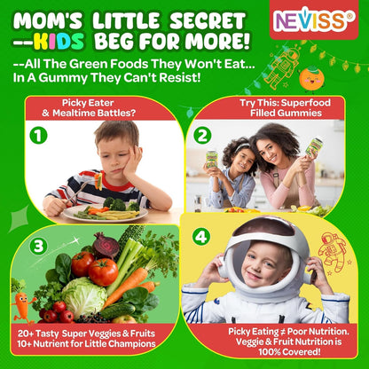 NEVISS Kids Teens Ages 4–17 Multivitamin with Iron Omega3 D3K2, Picky Eater Vitamin Super Greens Gummies, Boys Girls Organic Fruits Veggies Superfood Gummy, Mushroom | Immune Bone Brain, Sugar Free - PrimeBioHealth - canada supplements