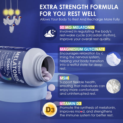 NEVISS Melatonin 50 mg for Adults - Extra Strength 9-in-1 Fast Dissolve Sublingual - High Dose with Magnesium Glycinate, Vitamin D3, Ashwagandha, Lemon Balm, Chamomile, Sugar Free,Vegan 120 Tablets - PrimeBioHealth - canada supplements