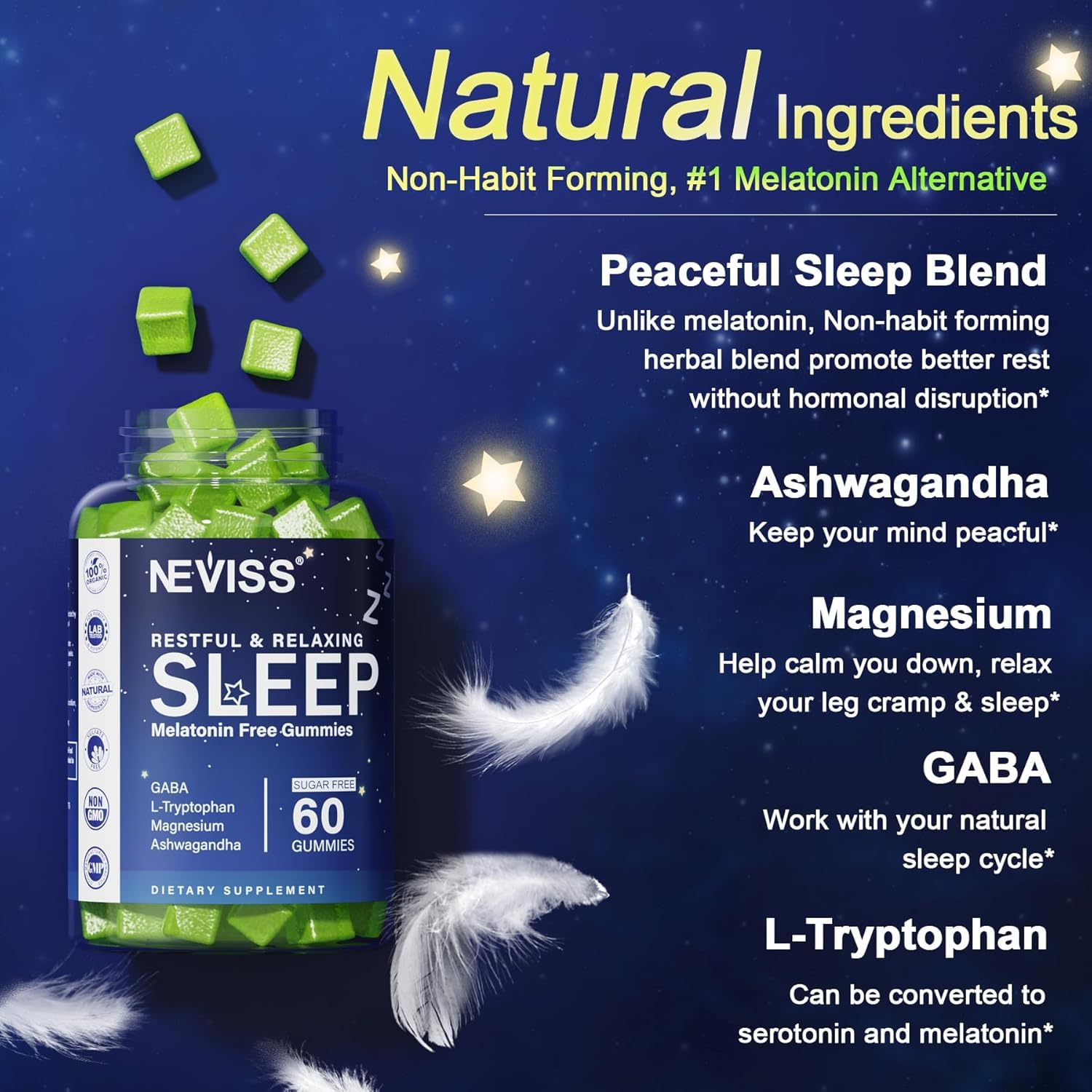 NEVISS Melatonin Free Sleep Aid Gummies for Adults - Magnesium Glycinate Gummies | GABA, L-Tryptophan, Magnesium, Ashwagandha - Non-Habit Forming, Help for Deep Relaxation - Vegan, Lemon Flavor, 2Pack - PrimeBioHealth - canada supplements