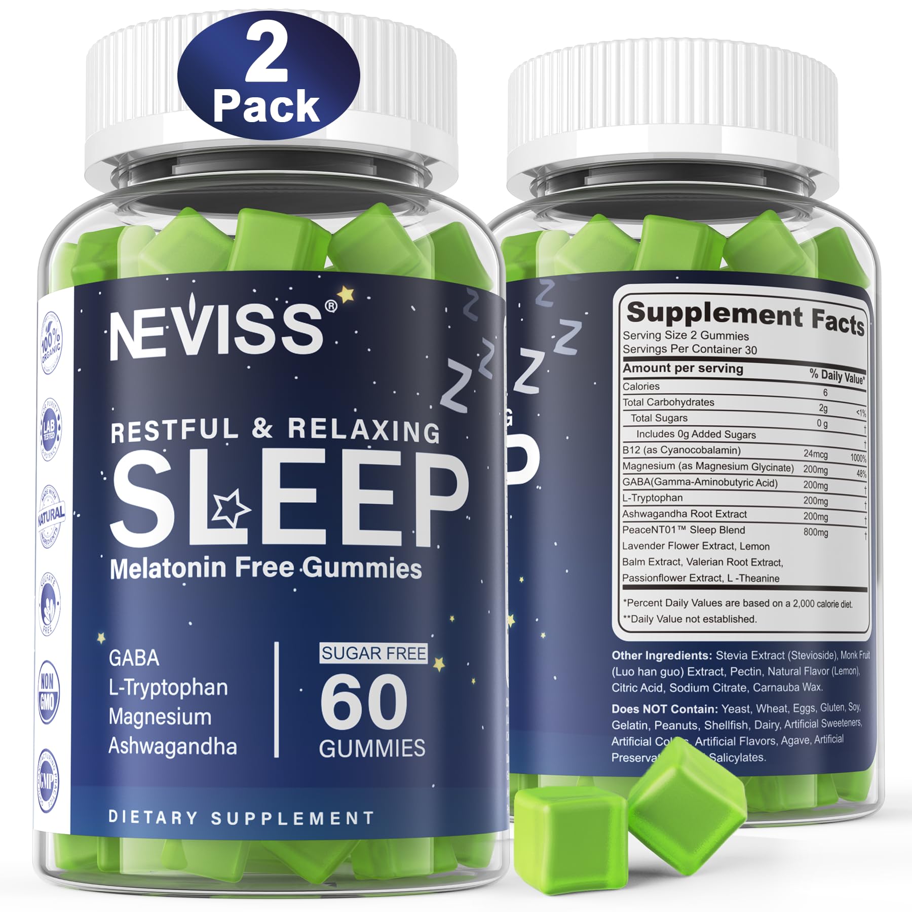 NEVISS Melatonin Free Sleep Aid Gummies for Adults - Magnesium Glycinate Gummies | GABA, L-Tryptophan, Magnesium, Ashwagandha - Non-Habit Forming, Help for Deep Relaxation - Vegan, Lemon Flavor, 2Pack - PrimeBioHealth - canada supplements